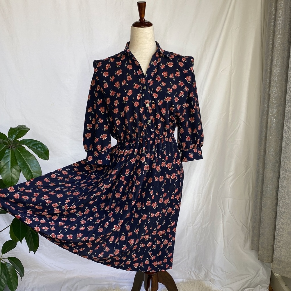 Vintage 3/4 Sleeve Midi Dress w/ Elastic Waist